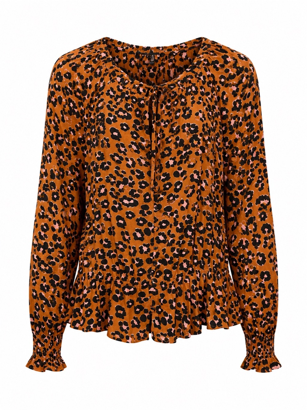 Sanctuary Leopard Print Peplum Blouse Boho Tie Neck Long Sleeve Size Large